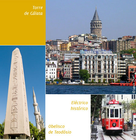 A Torre Gálata, o obelisco de Teodósio e um electrico histórico